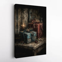 Holiday Candlelight Canvas Wall Art, Christmas Still Life Canvas Print, Festive Gift Box Painting Canvas, Comfy Winter Home Decor Present