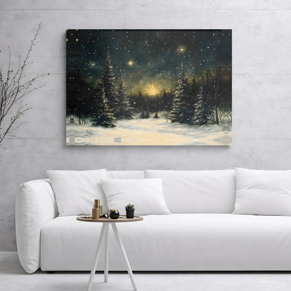 Snowy Night Landscape Glowing Stars Print, Winter Forest Canvas Wall Art, Christmas Pine Tree Decor, Magical Holiday Night Ar