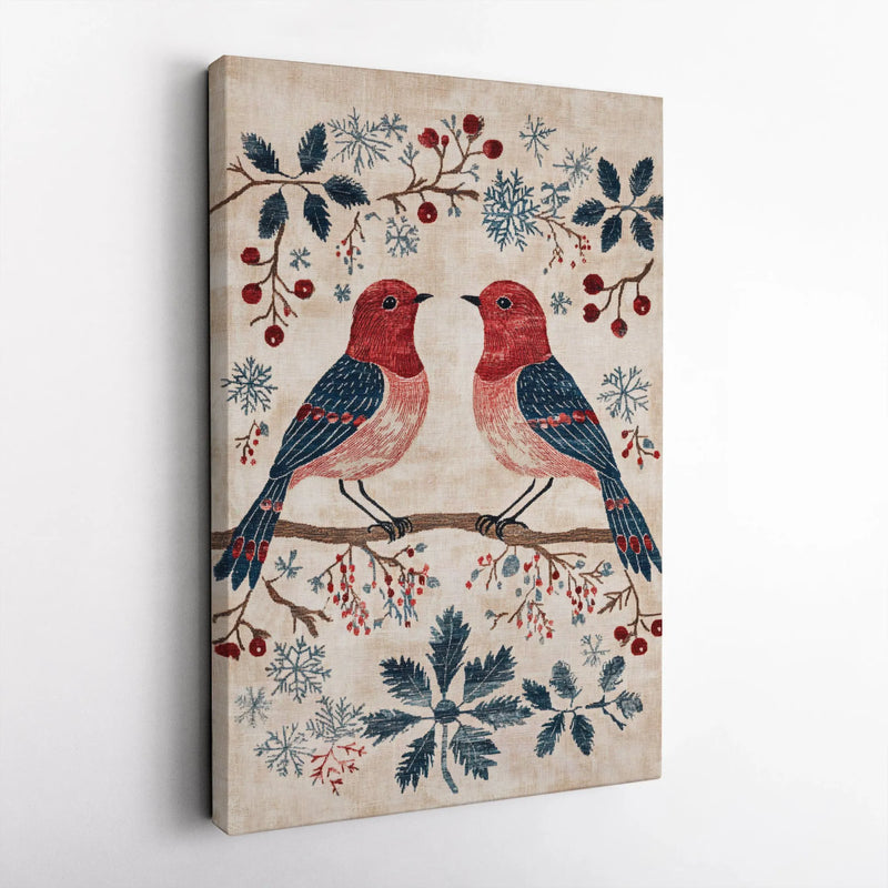 Red Berry Snowflake Canvas Print, Winter Birds Canvas Wall Art, Folk Art Christmas Wall Canvas, Holiday Farmhouse Seasonal Home Decor Present