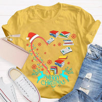 Heart Graphic Tee, Christmas Books Santa Hats Snowflakes T-Shirt, Bookish Holiday Shirt, Adorable Reader Xmas Present