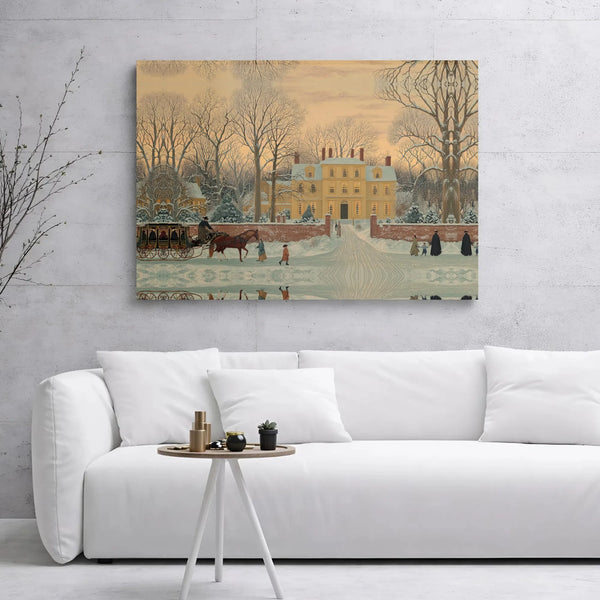 Snowy Landscape Horse Sleigh Wall Art, Colonial Winter Mansion Canvas Print, Traditional Holiday Canvas, Vintage Christmas Wa