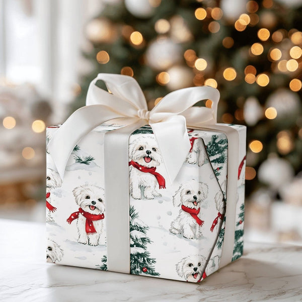 Winter Puppy Holiday Wrapping Paper, Maltese Dog Christmas Wrapping Paper, Snowy Tree Dog Wrapping Paper, Festive Pet Lover G