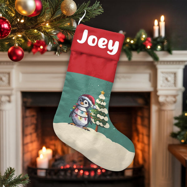 Santa Hat Holiday Stocking, Adorable Penguin Christmas Stocking, Personalized Christmas Stocking, Adorable Animal Stocking, C