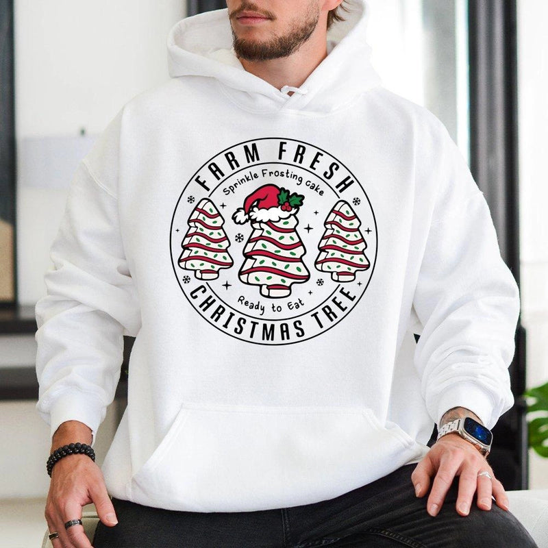 Retro Holiday Cake Graphic Sweatshirt, Farm Fresh Christmas Tree Cake Hoodie, Christmas Tree Dessert Hooded Pullover, Xmas Winter Present
