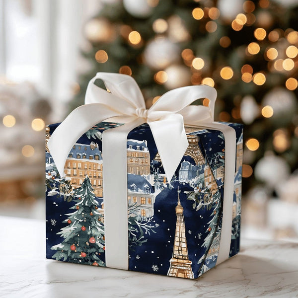 Snowy Eiffel Tower Night Gift Wrap, Christmas in Paris Wrapping Paper, French Cityscape Holiday Gift Wrap, Winter Scene Paper