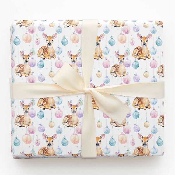 Baby Deer Christmas Gift Wrap, Watercolor Fawn Wrapping Paper, Pastel Baubles Holiday Present Paper, Whimsical Winter Wrap Ro
