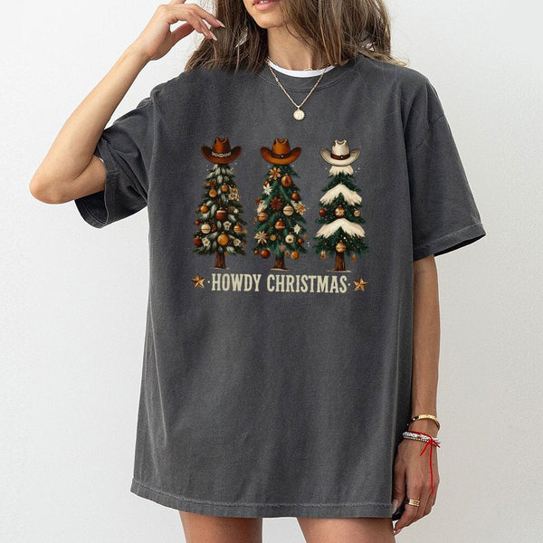 Western Cowboy Hat Christmas Shirt, Howdy Christmas T-Shirt, Country Xmas Tree Graphic Tee, Retro Western Christmas T-Shirt, 