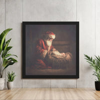 Religious Nativity Christmas Canvas Print, Santa Kneeling at Manger Canvas Wall Art, Holy Family Holiday Canvas, Christian Present