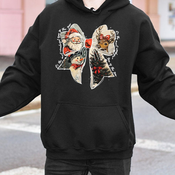 Retro Santa Snowman Reindeer Sweatshirt, Christmas Coquette Bow Hoodie, Girly Holiday Aesthetic Hooded Pullover, Festive Xmas