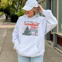 Vintage Tree Fireplace Sweatshirt, Wonderful Time Christmas Hoodie, Comfy Holiday Hooded Pullover, Retro Xmas Sweater, Winter Graphic Present