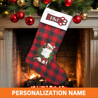 Kitten in Wreath Holiday Stocking, Personalized Calico Cat Christmas Stocking, Custom Pet Xmas Stocking, Velboa Fireplace Mantel Decor Present