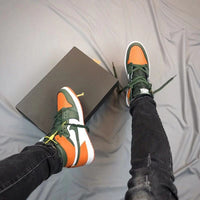 Sneakers, Black Green Orange Colorway, Patent Leather Footwear, Lace Up Design, Casual Gift for Sneaker Fans