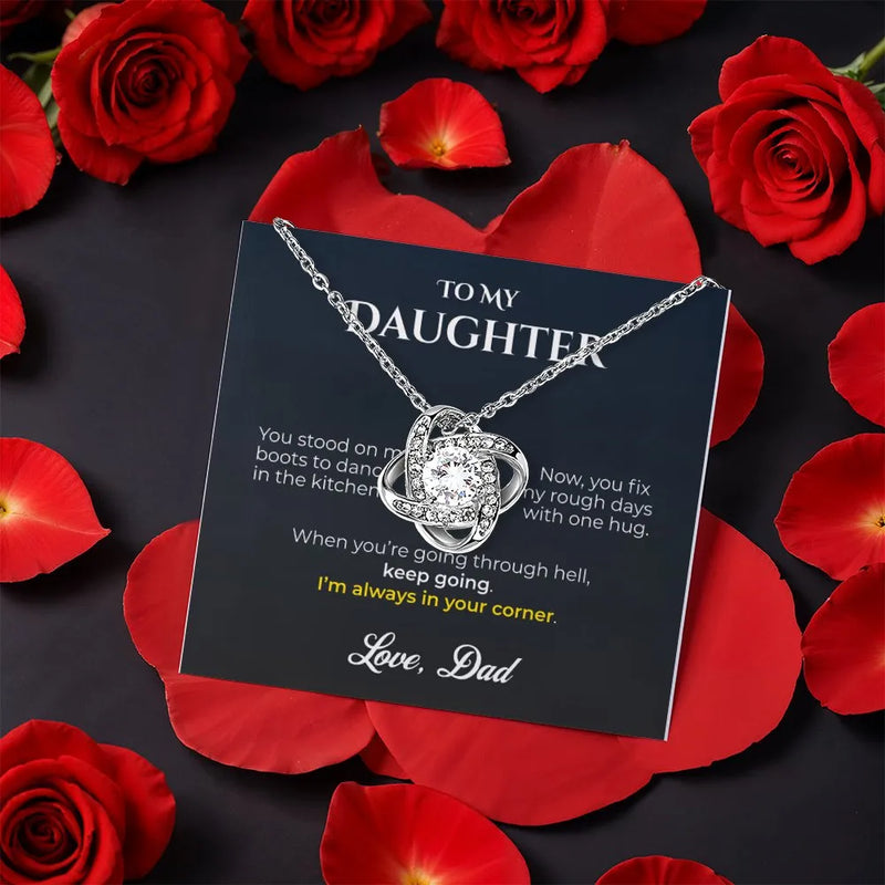 Message Card Rotating Rose Gift Box, Love Knot Necklace for Daughter, White Gold Love Knot Pendant Necklace, Birthday Christmas Present