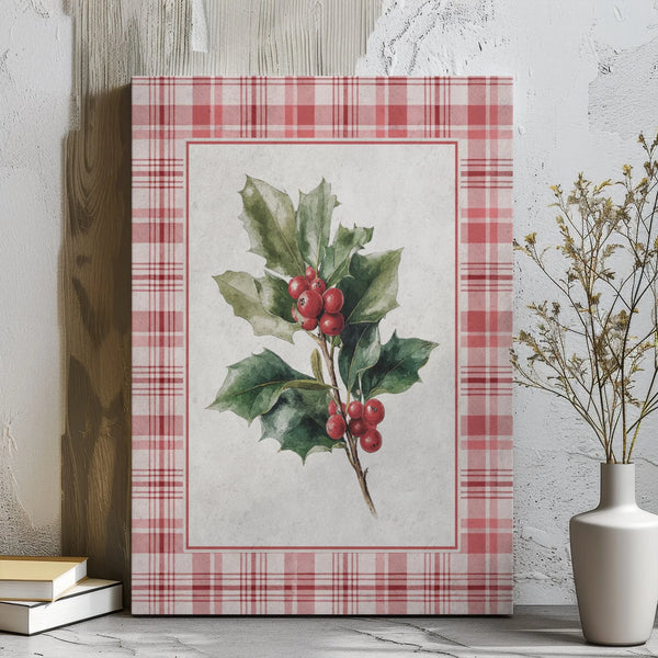 Red Plaid Border Festive Wall Art, Watercolor Christmas Holly Canvas Art, Holiday Botanical Canvas Print, Winter Seasonal Hom
