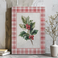Red Plaid Border Festive Wall Art, Watercolor Christmas Holly Canvas Art, Holiday Botanical Canvas Print, Winter Seasonal Home Decor