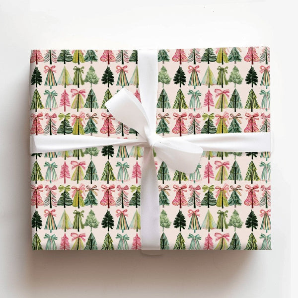Watercolor Bow Gift Wrap, Pink Christmas Tree Wrapping Paper, Festive Green Christmas Wrapping Paper, Adorable Holiday Wrappi