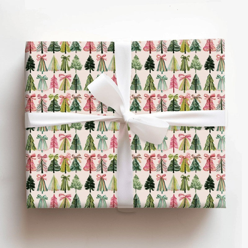 Watercolor Bow Gift Wrap, Pink Christmas Tree Wrapping Paper, Festive Green Christmas Wrapping Paper, Adorable Holiday Wrapping Paper Roll
