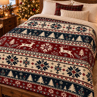 Nordic Snowflake Sherpa Throw Blanket, Fair Isle Reindeer Christmas Blanket, Scandinavian Winter Couch Blanket, Holiday Fleece Blanket Present