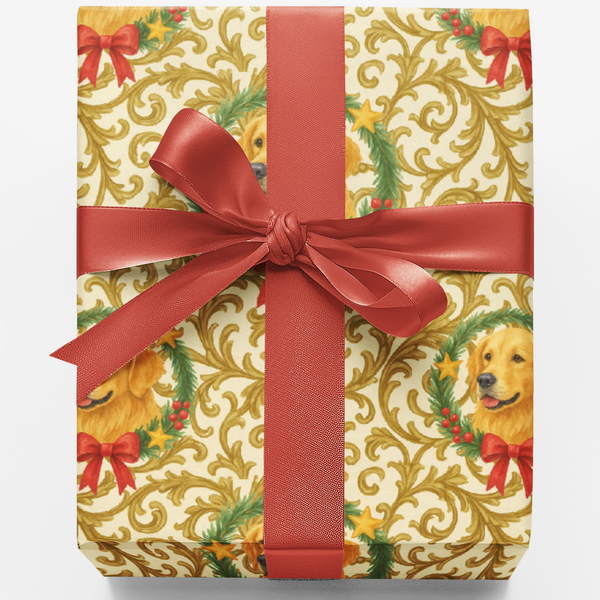 Dog Holiday Gift Wrap, Golden Retriever Christmas Wrapping Paper, Puppy Floral Wreath Wrapping Paper, Festive Pet Christmas P