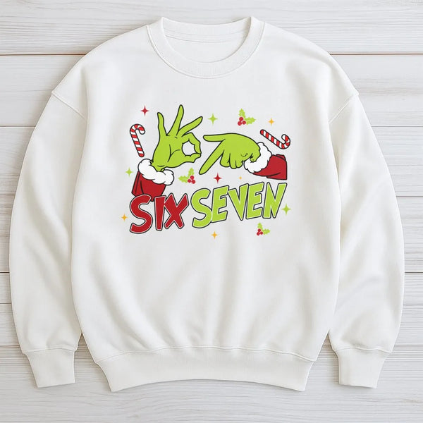 Humorous Green Hand Sign Sweatshirt, Six Seven Christmas Sweatshirt, Meme Holiday Crewneck, Gen Z Xmas Graphic Sweatshirt, Vi