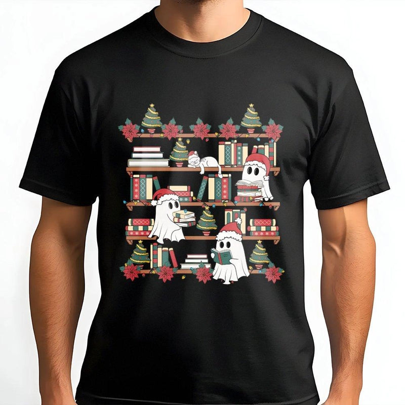Spooky Adorable Holiday Reading Graphic Tee, Christmas Ghost Bookshelf T-Shirt, Bookish Library Ghost Shirt, Christmas Book Lover Graphic Tee