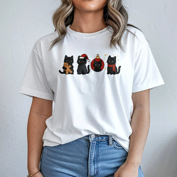 Festive Holiday Cat Christmas Shirt, Black Cat Christmas T-Shirt, Adorable Kitten Xmas Graphic Tee, Retro Christmas Cat T-Shi