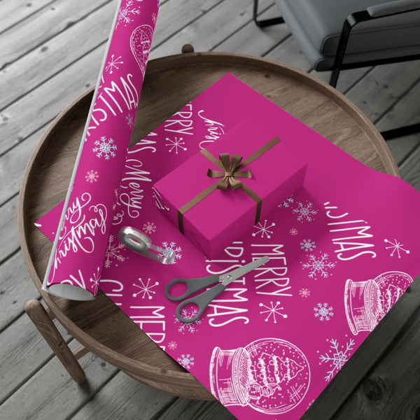 Merry Christmas Snowflake Gift Wrap, Pink Snow Globe Wrapping Paper, Adorable Holiday Pattern Wrapping Paper, Festive Xmas Gi