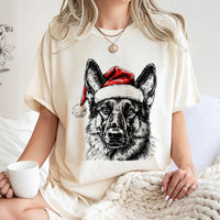 Santa Hat Dog Graphic Tee, German Shepherd Christmas T-Shirt, Festive German Shepherd Shirt, Adorable Dog Lover Holiday T-Shirt, Xmas Dog Present