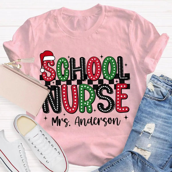 Custom Name Santa Hat Graphic Tee, Personalized School Nurse Christmas Shirt, RN Nurse Holiday T-Shirt, Healthcare Staff Xmas