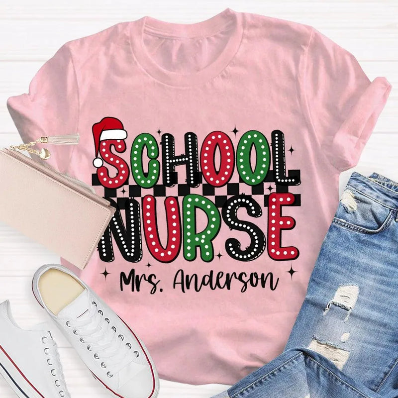 Custom Name Santa Hat Graphic Tee, Personalized School Nurse Christmas Shirt, RN Nurse Holiday T-Shirt, Healthcare Staff Xmas Present