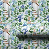 Blue Ornament Holiday Gift Wrap, Chinoiserie Bunny Christmas Wrapping Paper, Watercolor Bunny Wrapping Paper, Festive Gift Wrap Roll