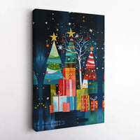 Colorful Holiday Gift Box Canvas Print, Abstract Christmas Tree Canvas Art, Festive Winter Wall Decor, Modern Seasonal Home Decor Present