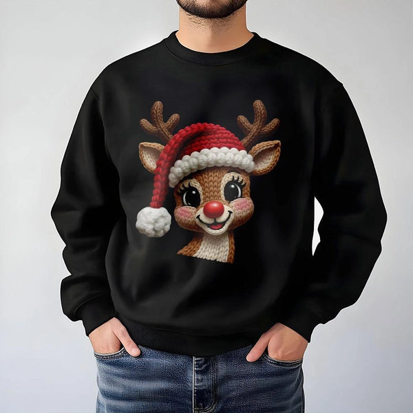 Adorable Faux Knit Rudolph Red Nose Crewneck, Reindeer Christmas Sweatshirt, Vintage Festive Holiday Sweater, Comfy Xmas Grap