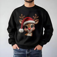Adorable Faux Knit Rudolph Red Nose Crewneck, Reindeer Christmas Sweatshirt, Vintage Festive Holiday Sweater, Comfy Xmas Graphic Pullover