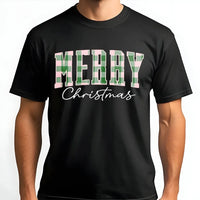 Pastel Buffalo Plaid Holiday Graphic Tee, Merry Christmas T-Shirt, Festive Winter Aesthetic Shirt, Adorable Family Xmas T-Shirt Present for Women
