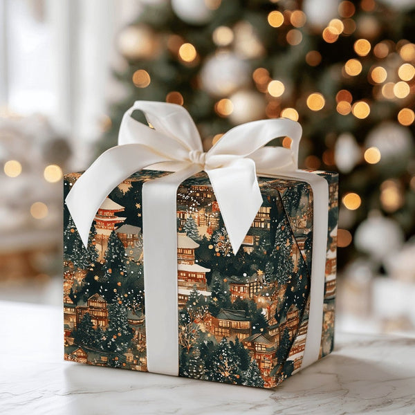 Snowy Pagoda Holiday Gift Wrap, Japanese Winter Village Wrapping Paper, Watercolor Japan Night Wrapping Paper, Asian Christma
