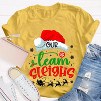 Humorous Holiday Coworker T-Shirt, Our Team Sleighs Christmas Shirt, Santa Hats Snowflakes Xmas Tee, Festive Work Team Shirt, Xmas Present Tee