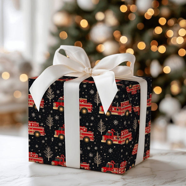 Holiday Firefighter Gift Wrap, Christmas Fire Truck Wrapping Paper, Red Fire Engine Present Paper, Fire Department Holiday Gi