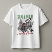 Humorous Christmas Animal Graphic Tee, Sorta Merry Sorta Feral Raccoon T-Shirt, Sarcastic Raccoon Shirt, Holiday Winter Trash Panda T-Shirt
