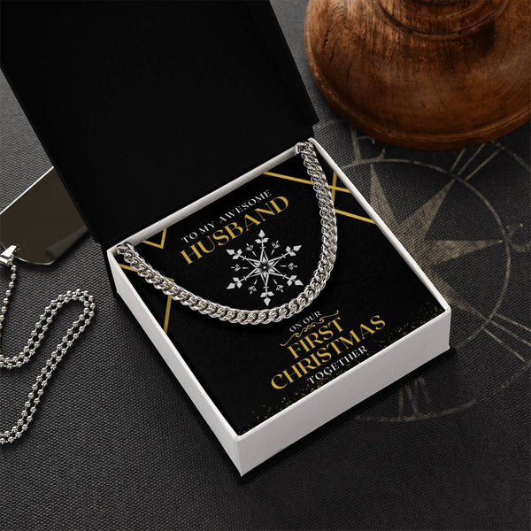 Husband Holiday Curb Chain Necklace, First Christmas Cuban Link Chain Necklace, Stainless Steel Mens Jewelry, Xmas Present fo