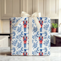 Blue Toile Floral Gift Wrap, Nutcracker Wrapping Paper, Watercolor Nutcracker Soldier Wrapping Paper, Christmas Holiday Present Gift Wrap