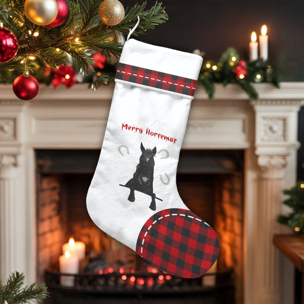 Buffalo Plaid Horse Stocking, Merry Horsemas Black Horse Christmas Stocking, Personalized Christmas Stocking, Equestrian Holi