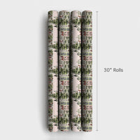 Snowy Houses Gift Wrap, Watercolor Pink Christmas Village Wrapping Paper, Pastel Holiday Wrapping Paper Roll, Adorable Winter Present Wrap