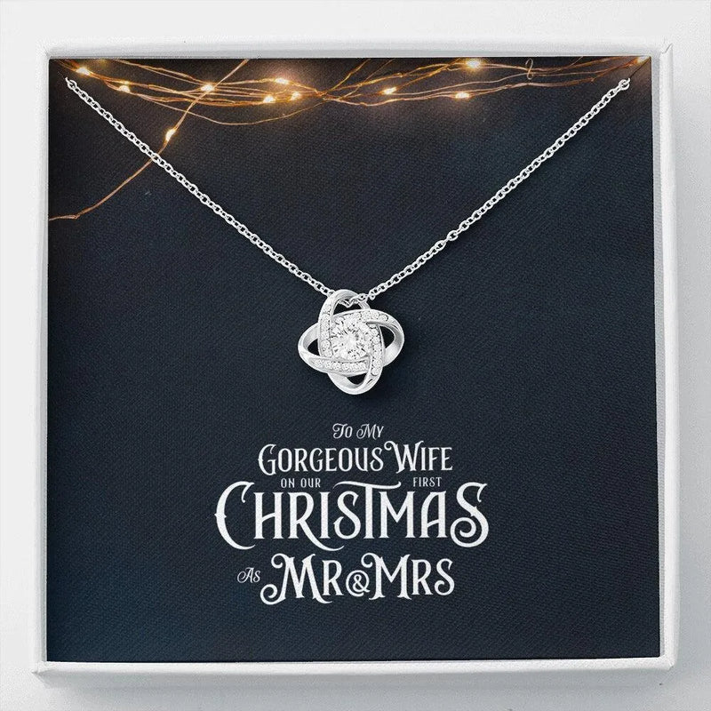 Love Knot Pendant Necklace, First Christmas Necklace for Wife, 14k White Gold Finish Jewelry, Romantic Newlywed Holiday Present for Her