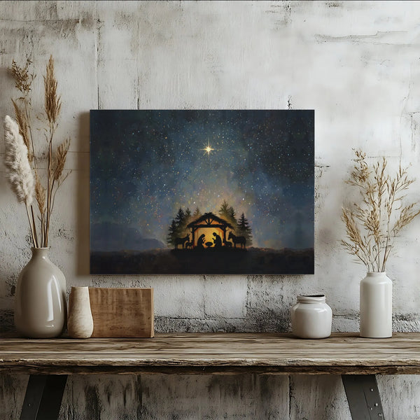 Starry Night Holy Family Canvas, Nativity Scene Canvas Wall Art, Christian Christmas Wall Decor, Holy Night Canvas Print, Fai