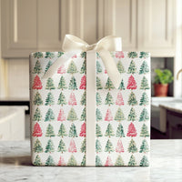 Red and Pink Holiday Gift Wrap, Watercolor Christmas Tree Wrapping Paper, Artistic Winter Tree Wrapping Paper, Festive Xmas Wrapping Paper