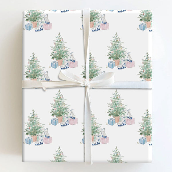 Watercolor Winter Gift Wrap, Christmas Tree Ice Skates Wrapping Paper, Pastel Holiday Paper, Festive Xmas Wrapping Paper, Win