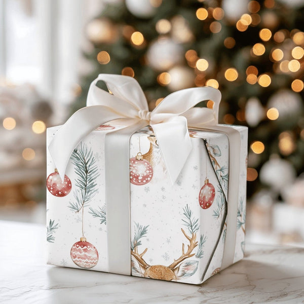 Woodland Deer Holiday Gift Wrap, Watercolor Reindeer Christmas Wrapping Paper, Ornament Wrapping Paper, Rustic Christmas Gift