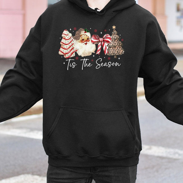 Leopard Christmas Tree Hooded Sweatshirt, Retro Santa Tis the Season Hoodie, Adorable Festive Winter Pullover, Womens Holiday