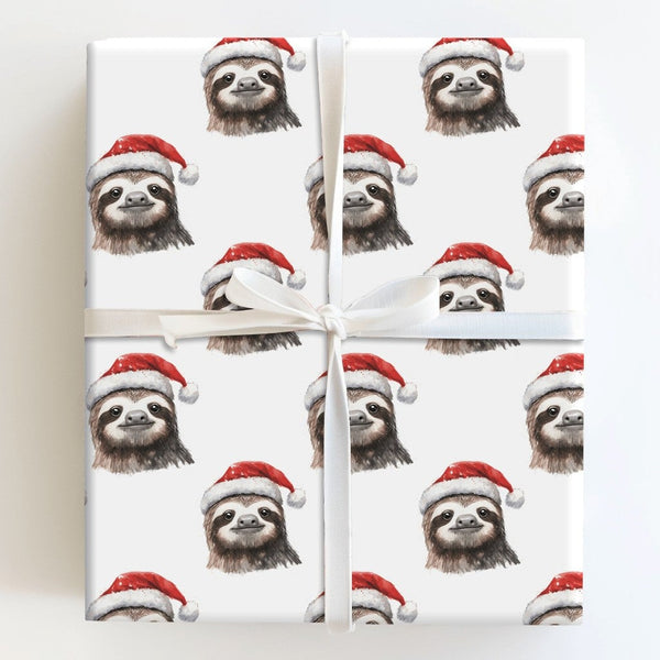 Watercolor Sloth Gift Wrap, Christmas Sloth Wrapping Paper, Adorable Santa Hat Sloth Holiday Paper, Animal Lover Xmas Gift Wr